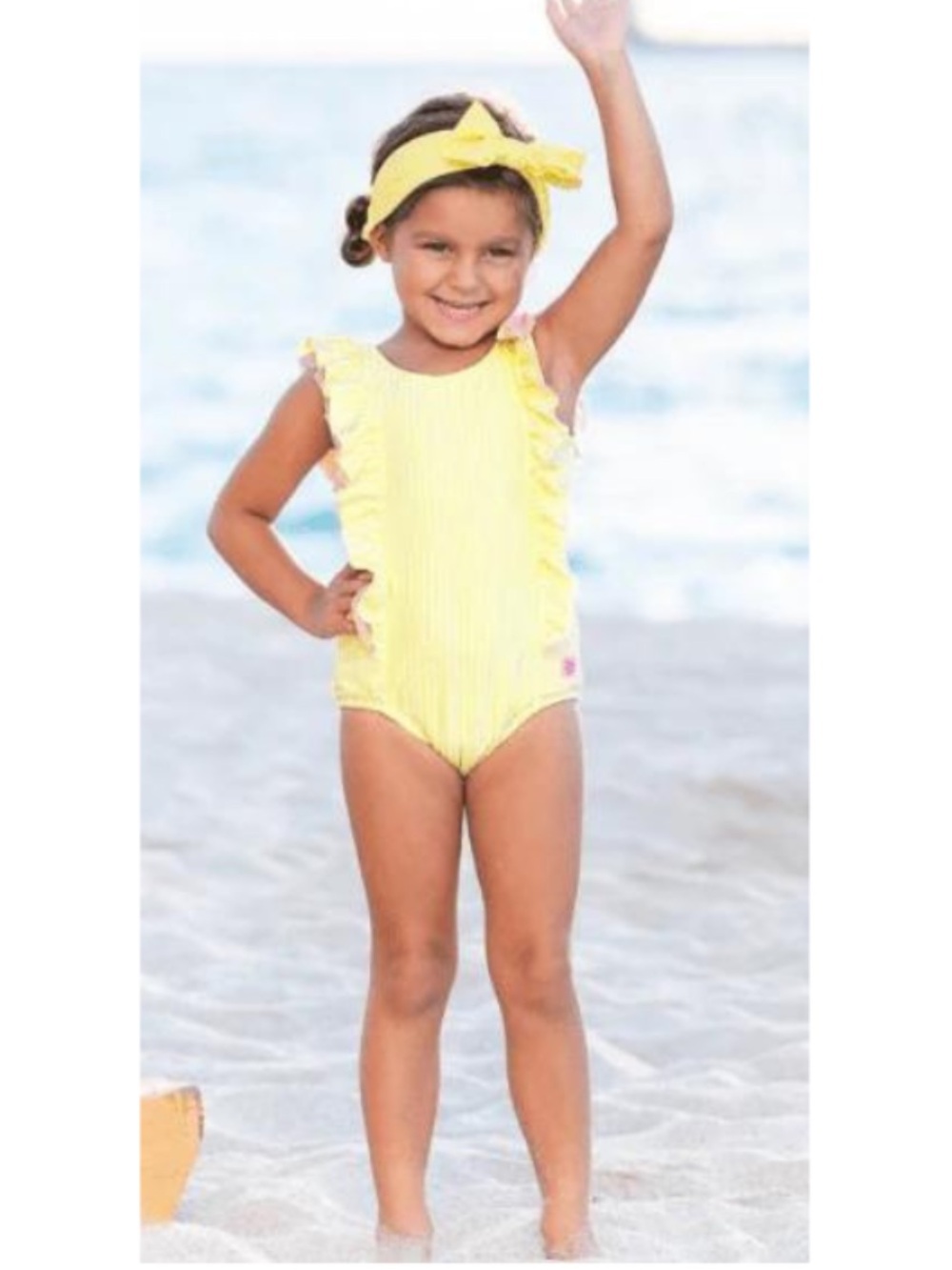 Ruffle Butts Yellow Striped Seersucker Ruffle One-Piece with Pink Logo